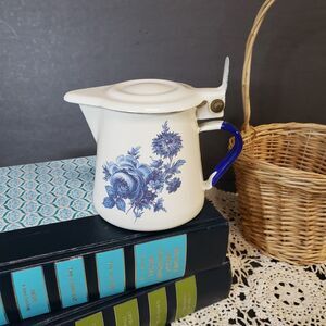 Vintage Italian Enamelware Leonia Blue Floral Kettle Coffee Pot 4"